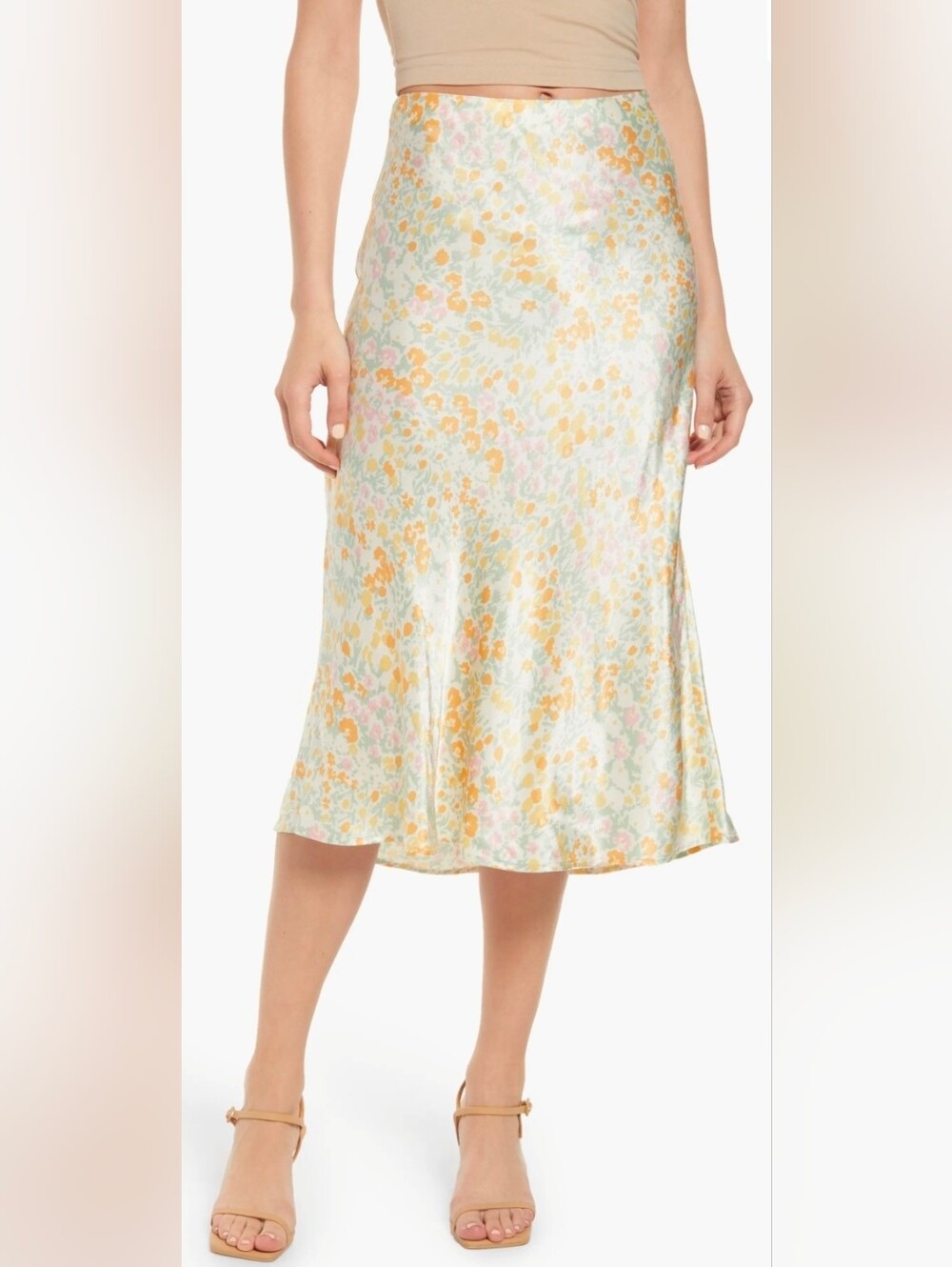 Rails Anya Summer Meadow Floral Print Satin Midi Slip Skirt, Bias Cut - Medium